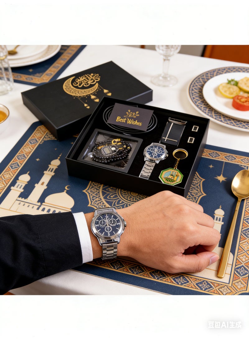 يواوليتي مجموعة هدايا فاخرة للرجال - صندوق هدايا فاخر مكون من ست قطع يحتوي على ساعة وحزام وسوار وجهاز عد جيب وأزرار أكمام وميدالية مفاتيح. الهدية المثالية لعيد الأب أو الذكرى السنوية للأباء والأصدقاء - Image 2